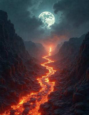 The primary subject of the image is a red lava flow, which is the main object, scene, or focus of the image. The setting/background features a dark, cloudy sky with a moon visible in the background. The visual style of the image is digital art, as it is a computer-generated illustration. The dominant colors in the image are red and orange, creating a fiery and intense atmosphere.